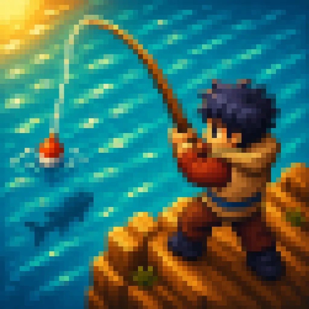 A fisher on a wooden pier at sunset, line in the water